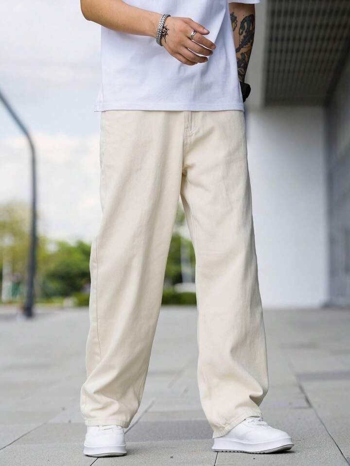 Men Loose Fit Mid Rise Beige Jeans