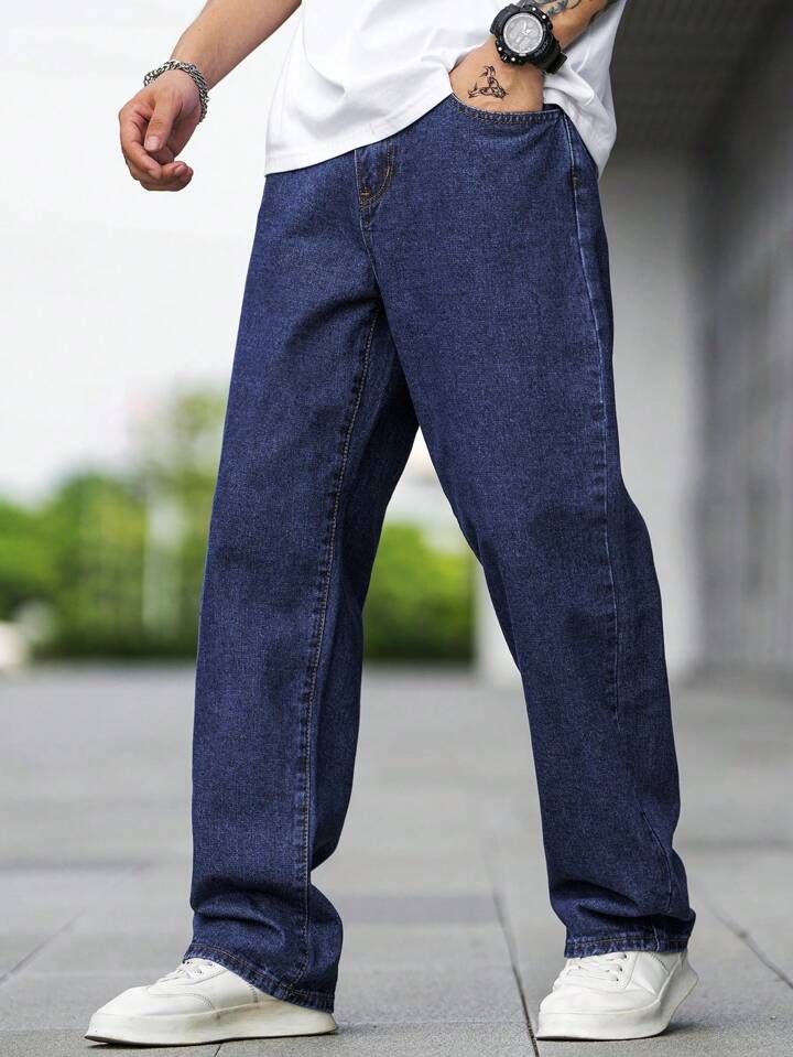 Men Loose Fit Mid Rise Blue Jeans