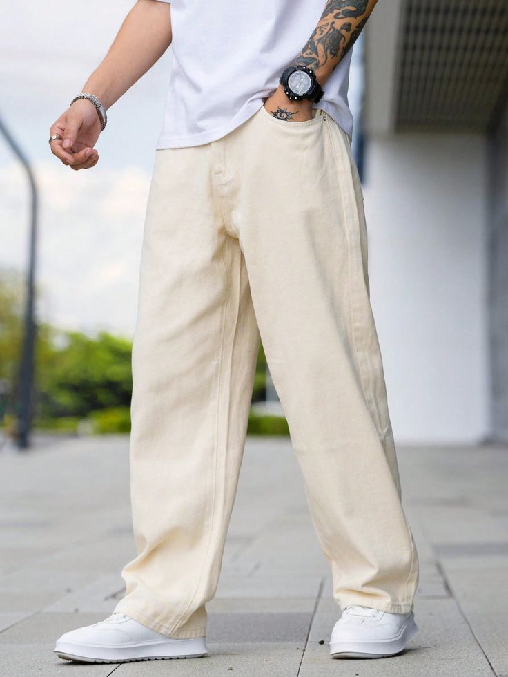 Men Loose Fit Mid Rise Beige Jeans