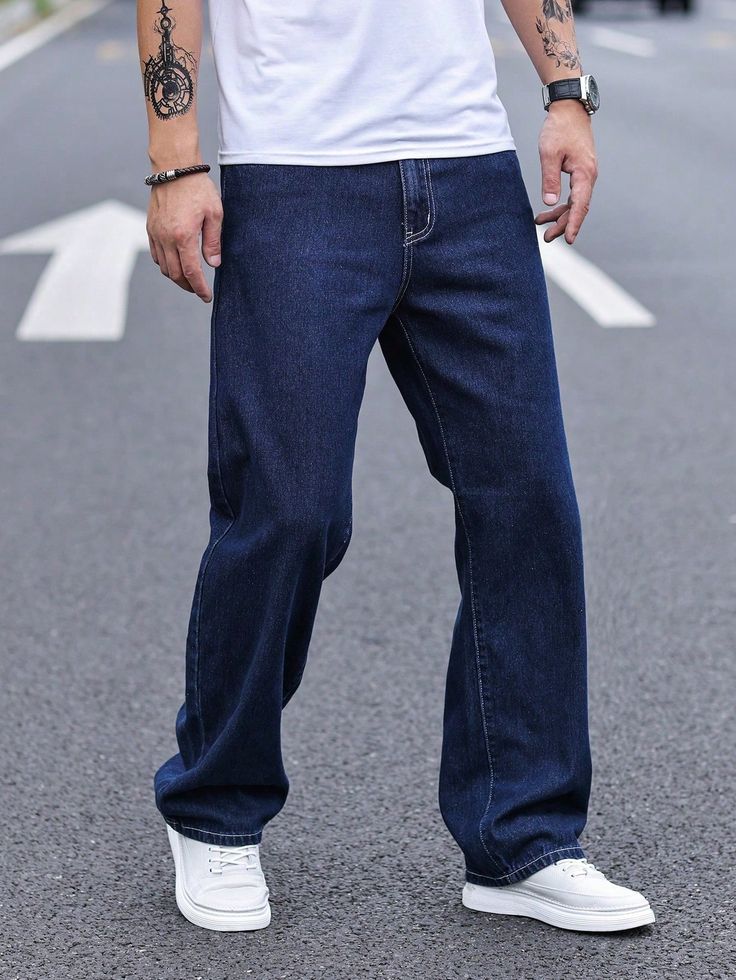 Men Loose Fit Mid Rise Blue Jeans