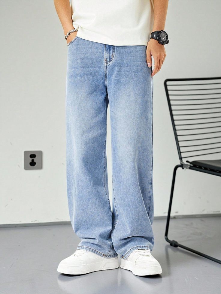 Men Straight Fit Mid Rise Light Blue Jeans