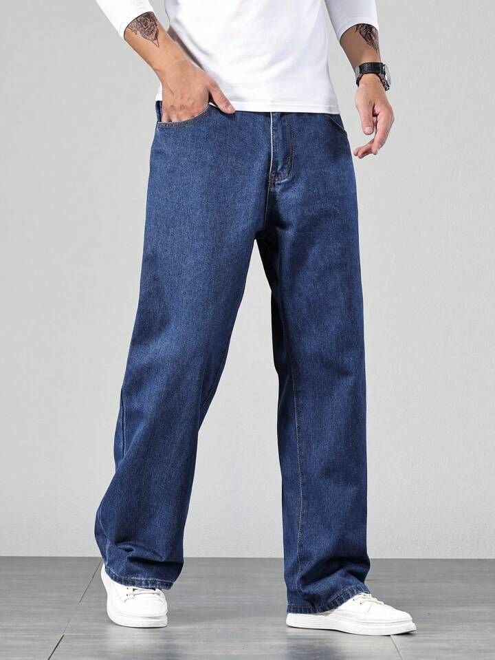 Men Loose Fit Mid Rise Blue Jeans